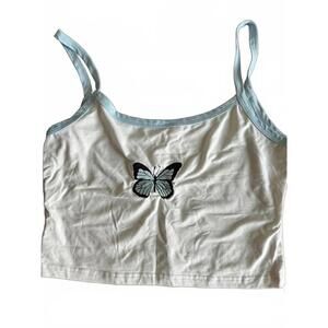 Romwe White and Blue Butterfly Cropped Tank, Size M